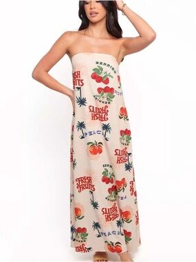 Strapless Cream Maxi Dress with Fresh Fruits Print
